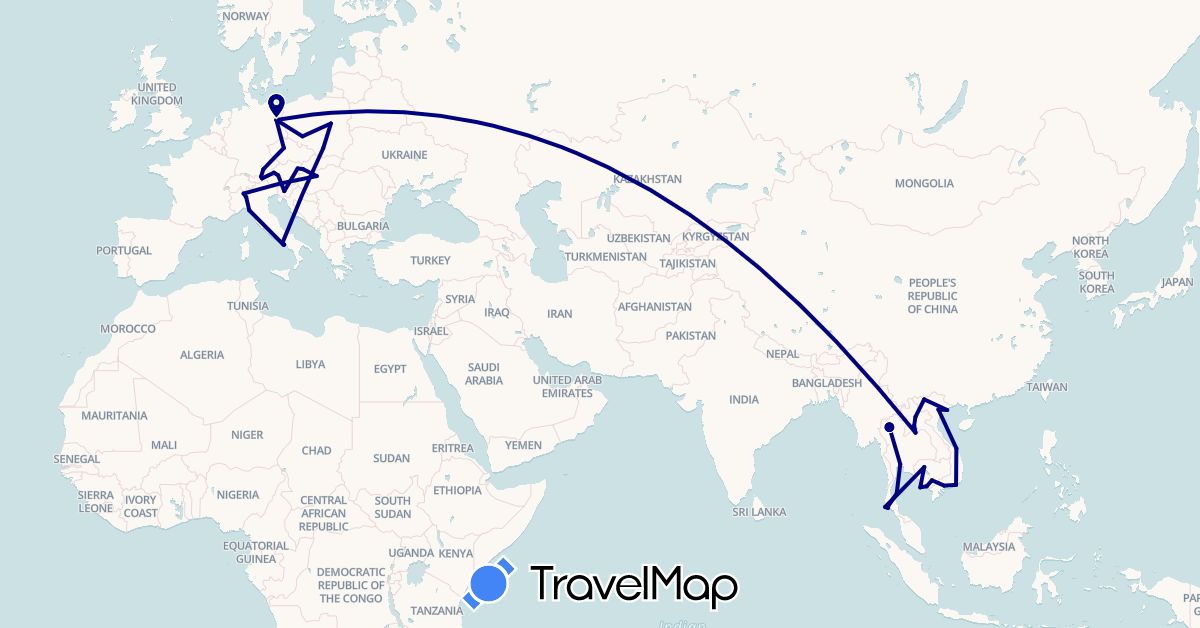 TravelMap itinerary: driving in Austria, Czech Republic, Germany, Hungary, Italy, Cambodia, Laos, Poland, Slovenia, Slovakia, Thailand, Vietnam (Asia, Europe)